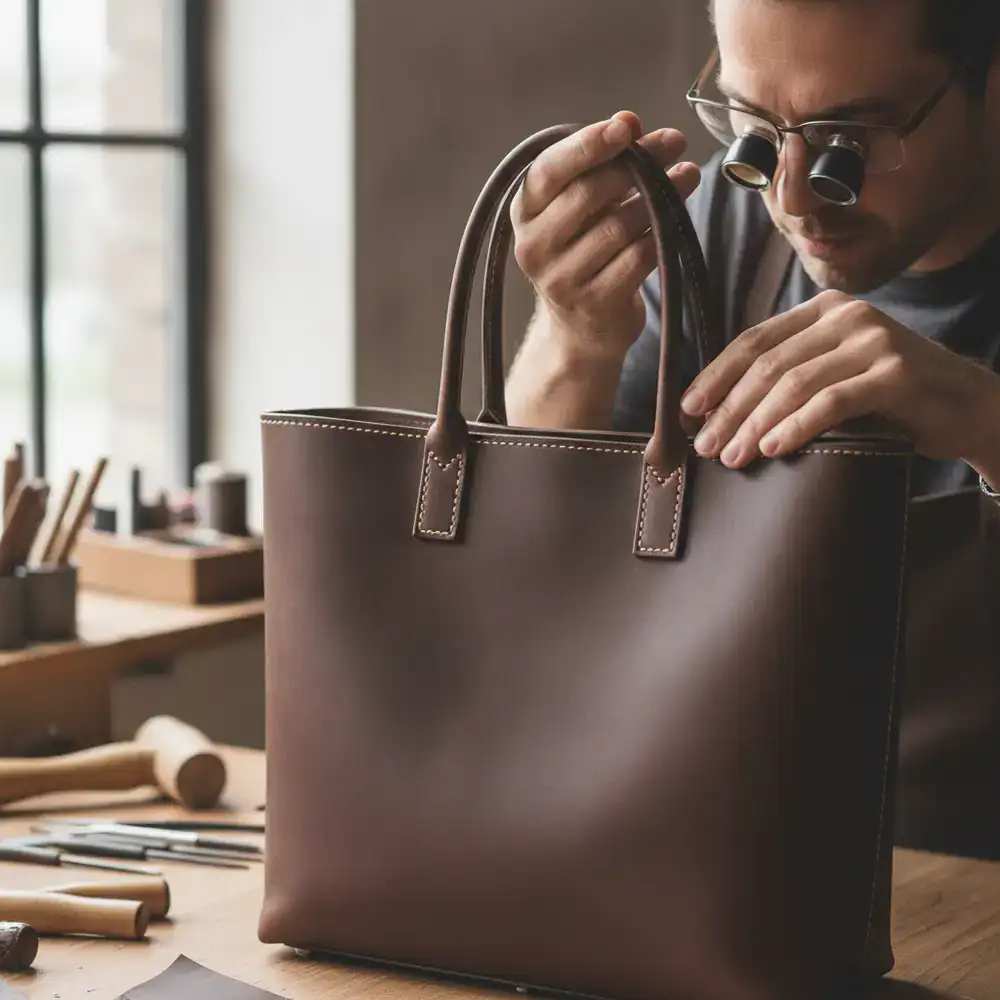 Artisan examining the pristine stitching on a dark brown leather tote