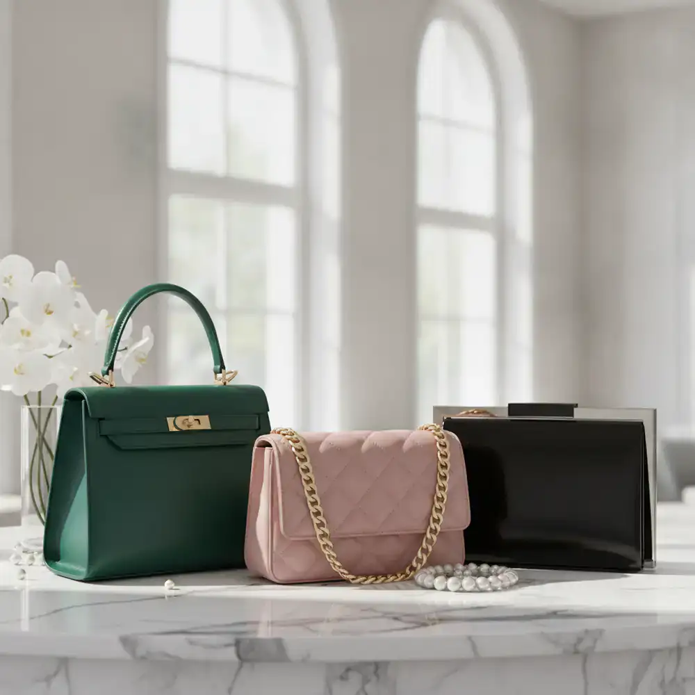 A curated collection of elegant BoldGuide handbags arranged on a marble surface