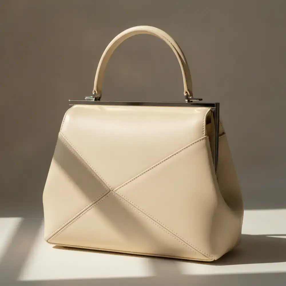 Close-up of a handbag with sharp, architectural lines