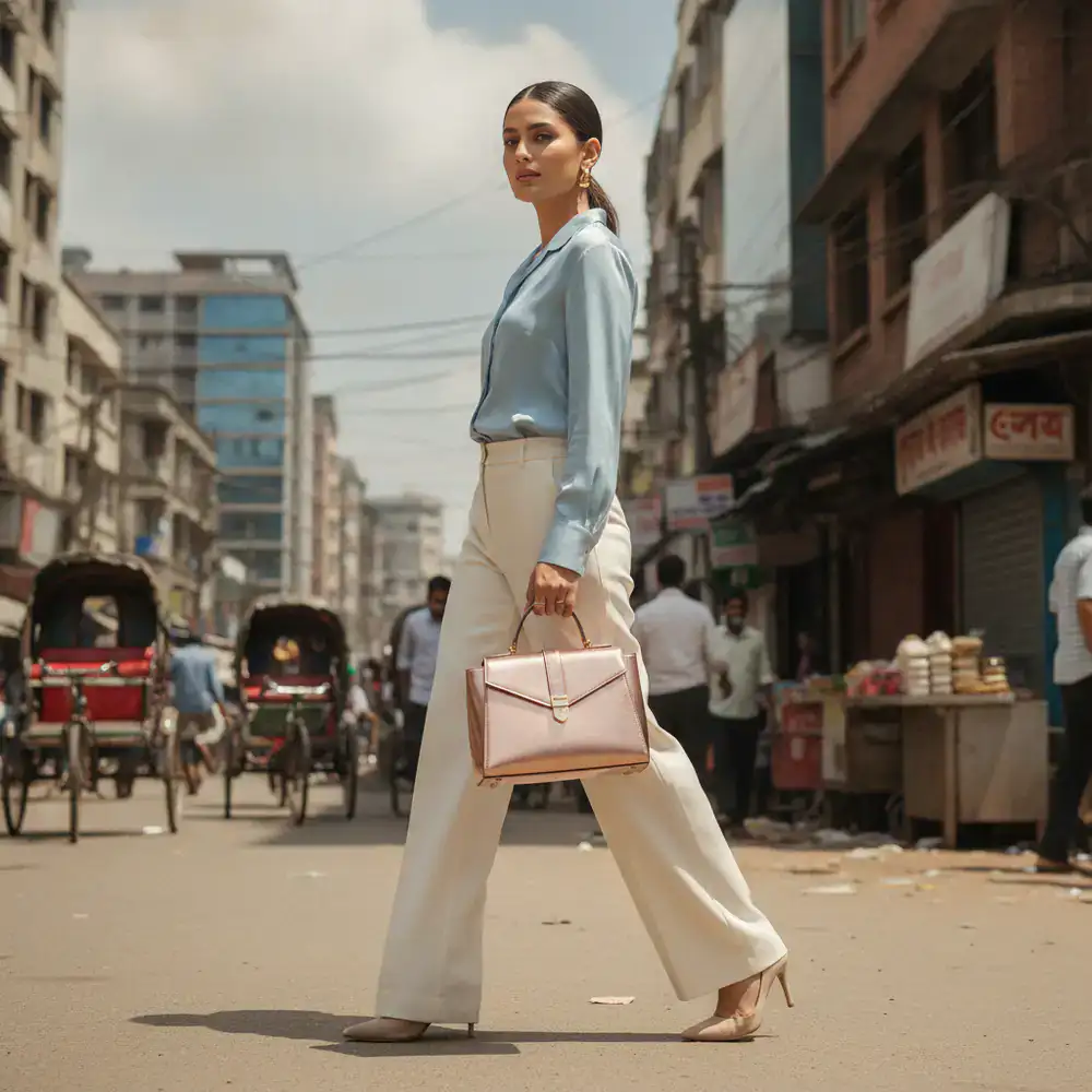 A woman confidently walking in Dhaka carrying a structured rose gold handbag