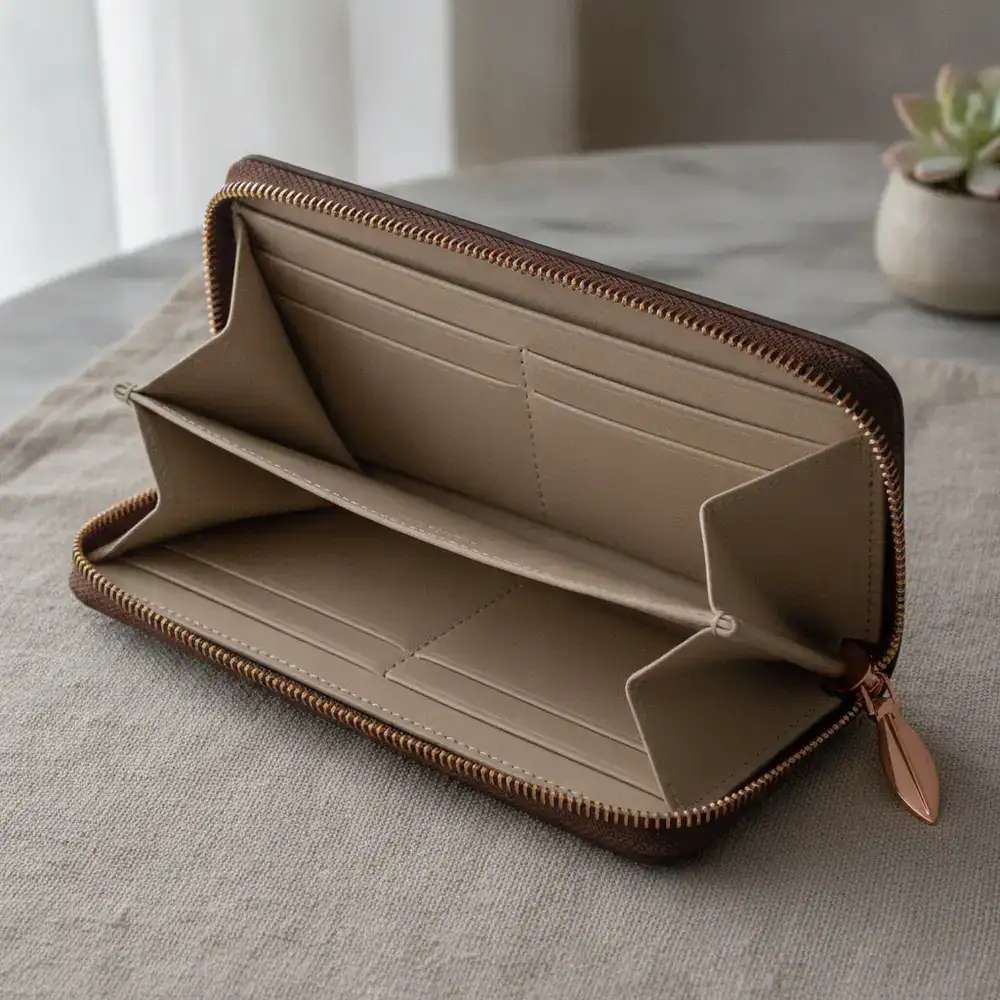 Close up of a premium leather wallet with rose gold zipper